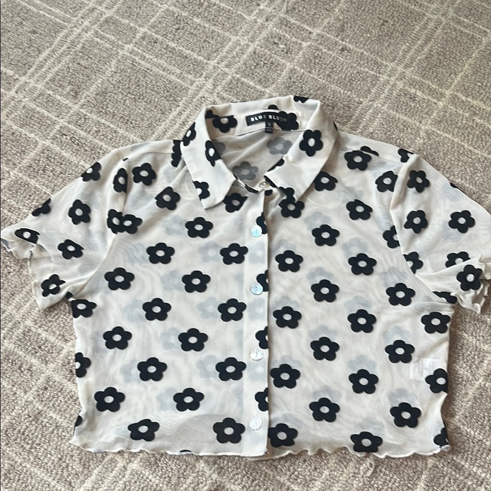 Blue Blush Black and Cream Floral Mesh Top